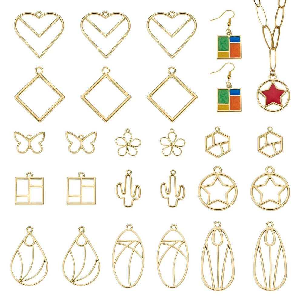 6567 44Pcs Alloy Open Back Bezel Pendants 11 Styles Golden Hollow Frame